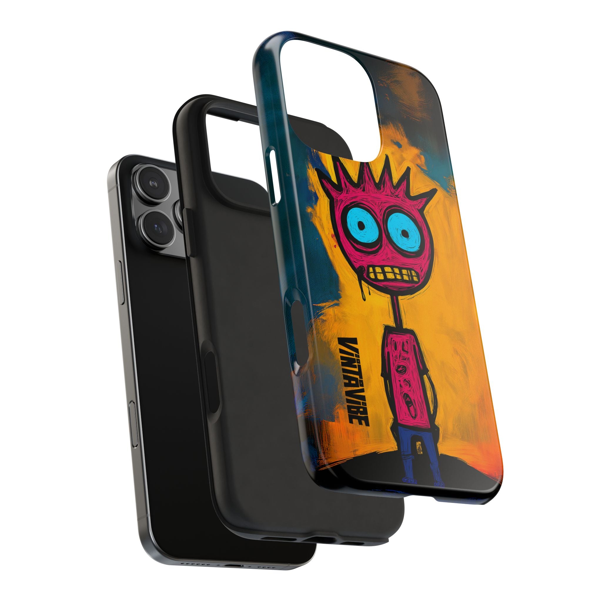 Exploded view of Weird Vibe iPhone Case - Confused Zap highlighting flexible inner liner and durable outer shell for full device protection.