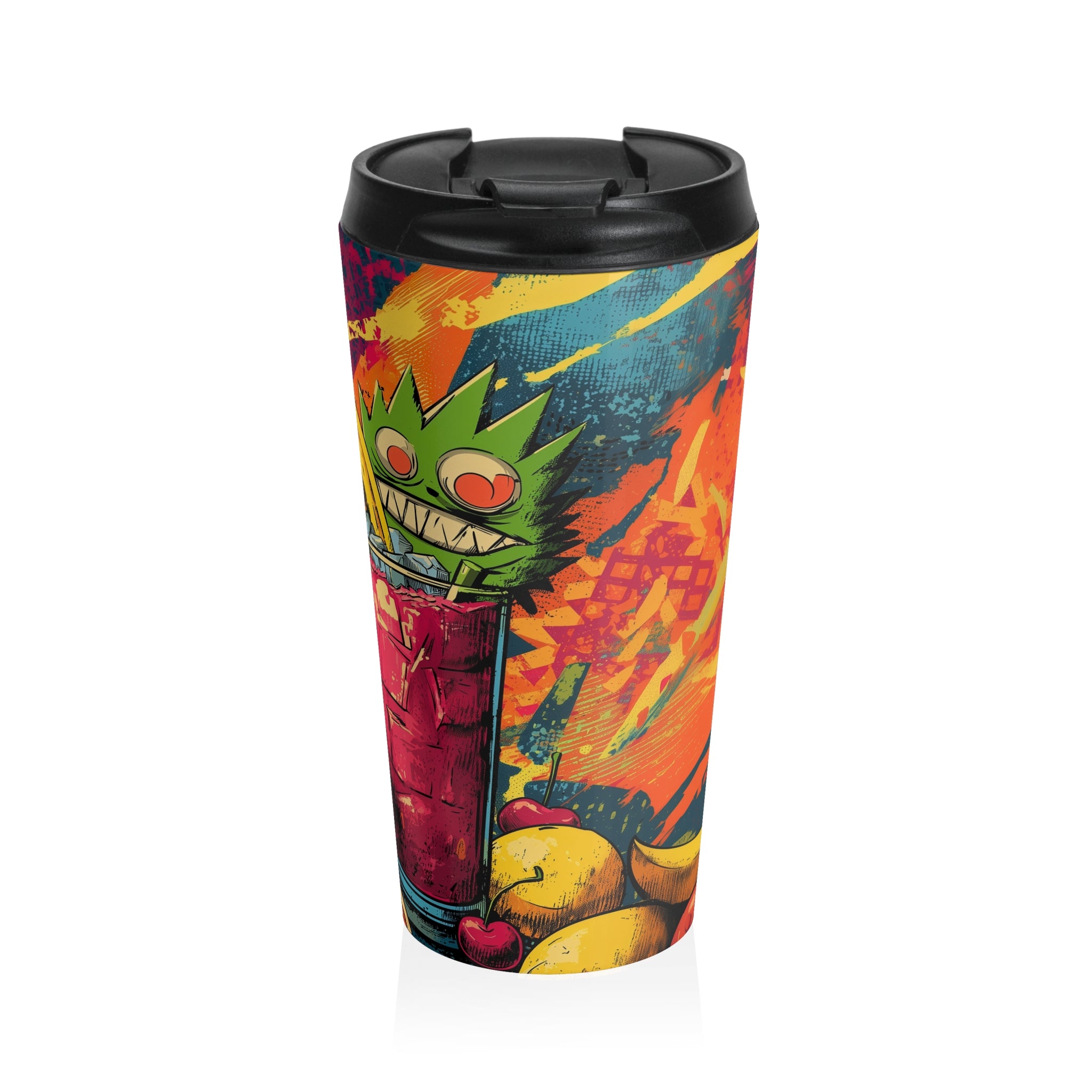 Spiked Punch Tumbler - Designer Travel | VintaVibe Features a wild, colorful monster in a fruit punch with bold flames and citrus accents.