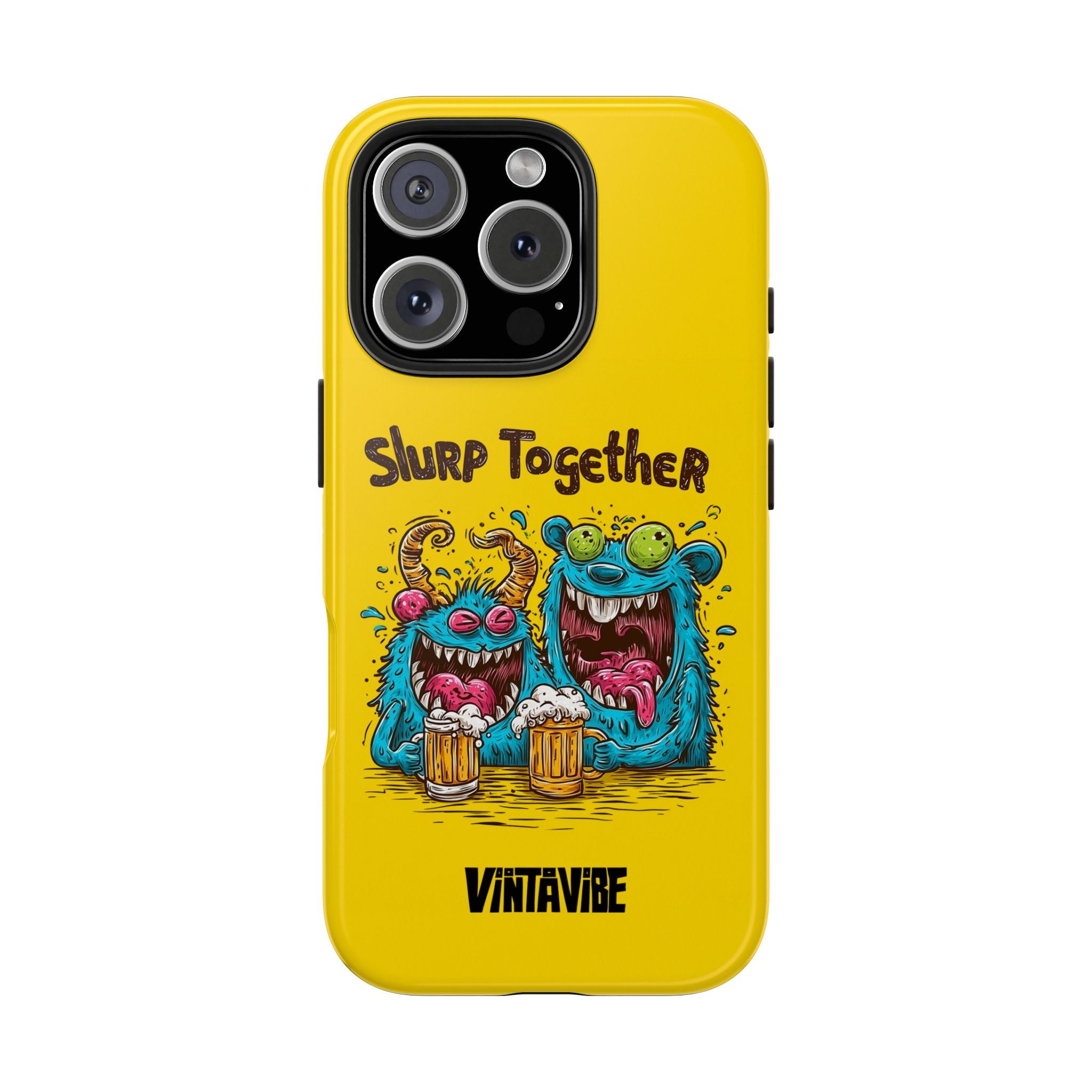 Front view of Weird Vibe iPhone® Case with colorful monster duo and beer mugs, perfect for bold and quirky phone protection.