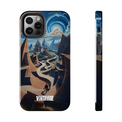 Winding Realities iPhone® Case with bold dreamscape artwork and sleek side view, designed for modern iPhone® models.