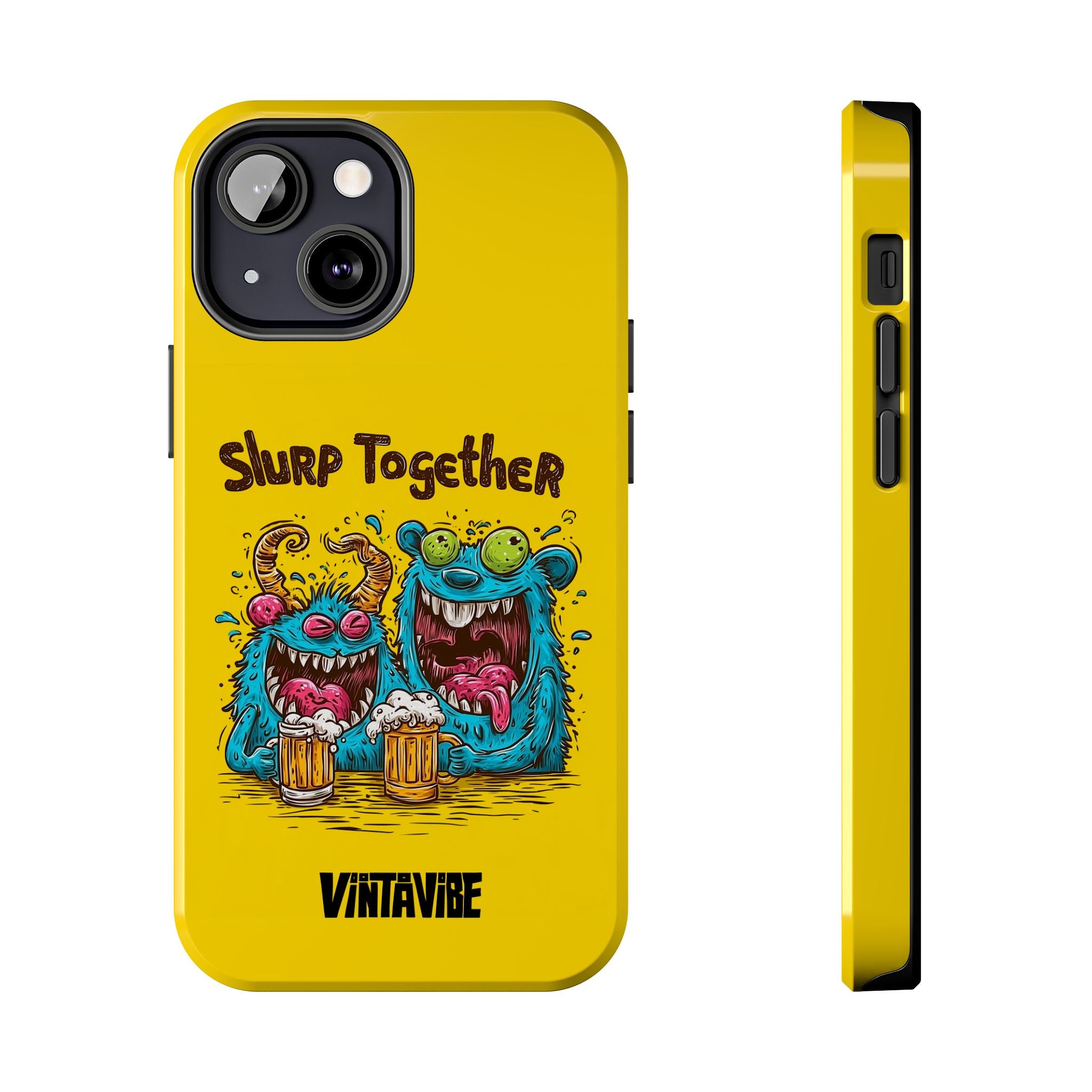 Side and back view of Weird Vibe iPhone® Case for iPhone 13 Mini, showcasing bold cartoon design and durable build.