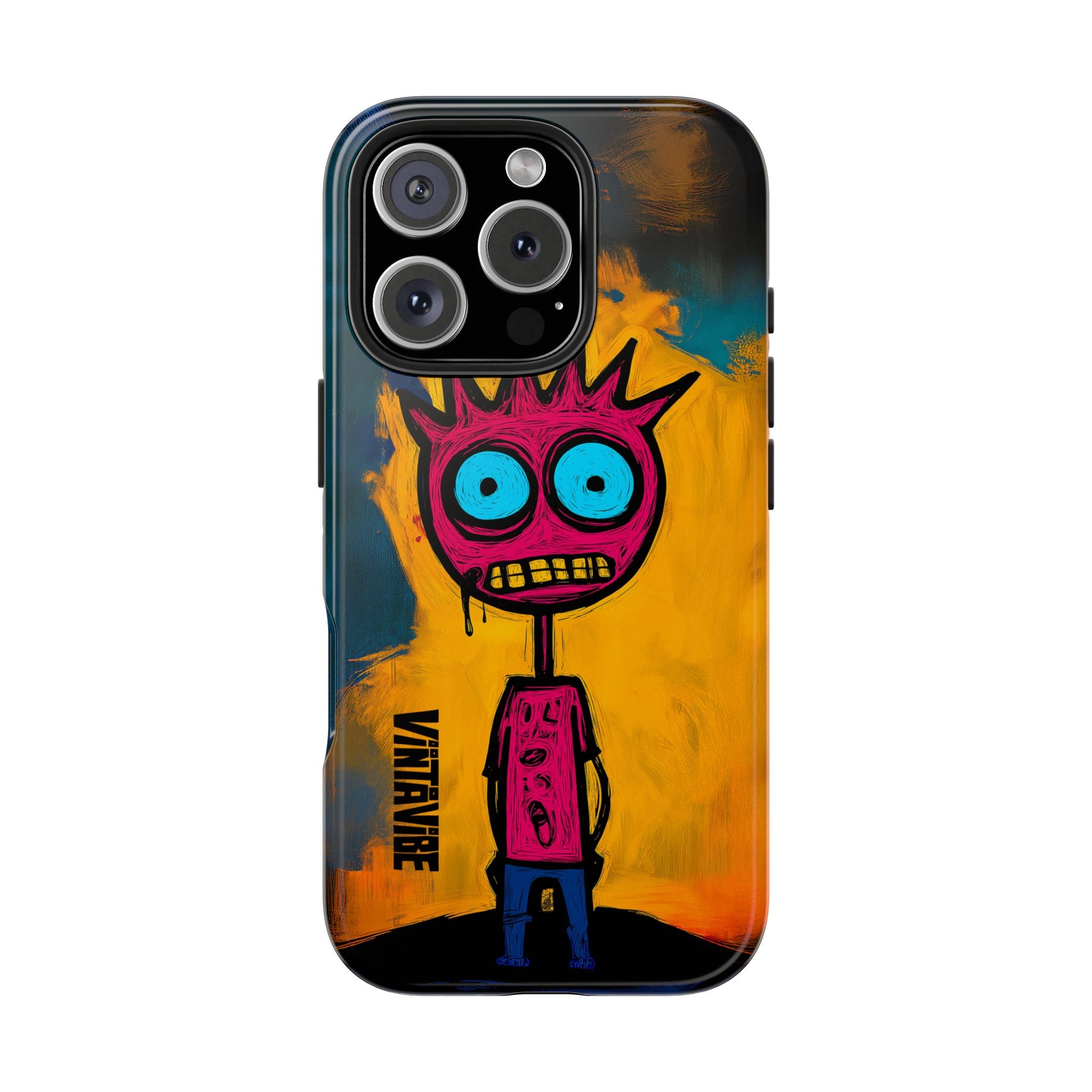 Front view of Weird Vibe iPhone Case - Confused Zap with expressive cartoon character and bold color palette for standout phone protection.