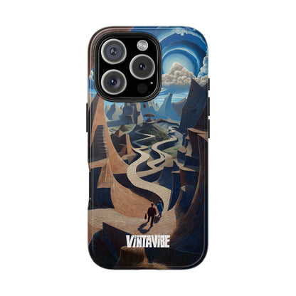 Back view of Winding Realities iPhone® Case featuring a surreal landscape design with winding paths and dreamlike textures.