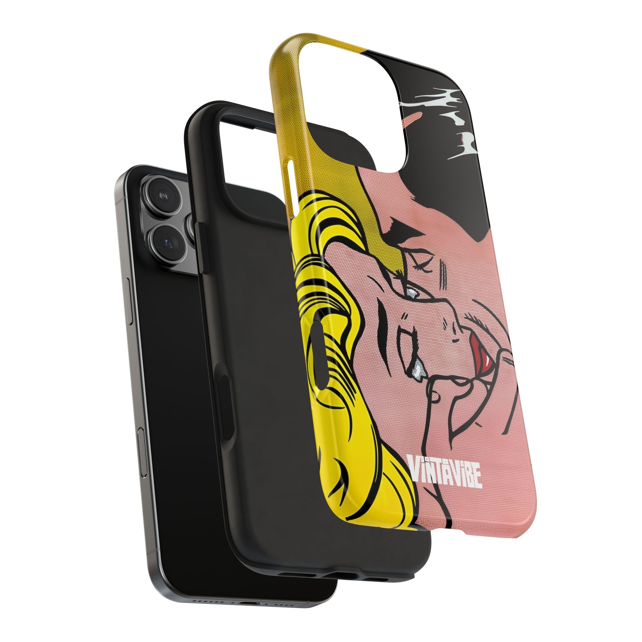 Exploded view of Tear Pop Hyper Vibe iPhone® case showing inner shell and outer pop art cover for dual-layer protection and style.