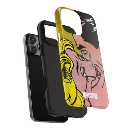 Exploded view of Tear Pop Hyper Vibe iPhone® case showing inner shell and outer pop art cover for dual-layer protection and style.