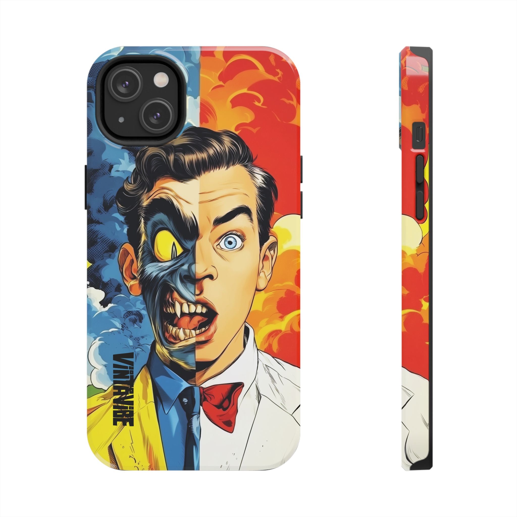 Hyper Vibe Dual Persona iPhone Case with colorful, bold split-face artwork, designed for expressive users and durable phone safety.