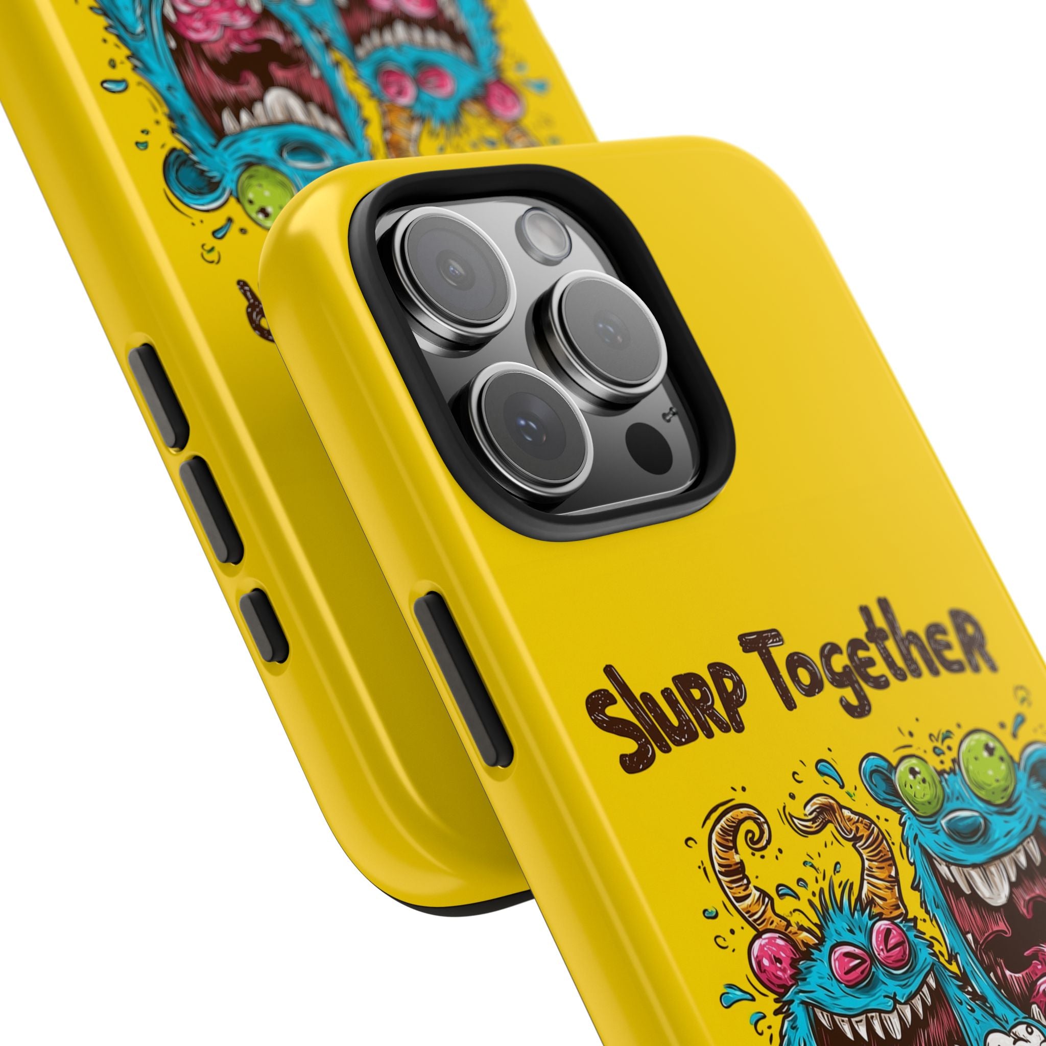 Close-up of Weird Vibe iPhone® Case with vibrant monster artwork and bold yellow color, offering stylish designer protection.
