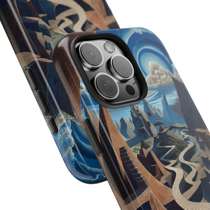 Close-up of Winding Realities iPhone® Case showing intricate surreal design and premium glossy finish for stylish phone protection.