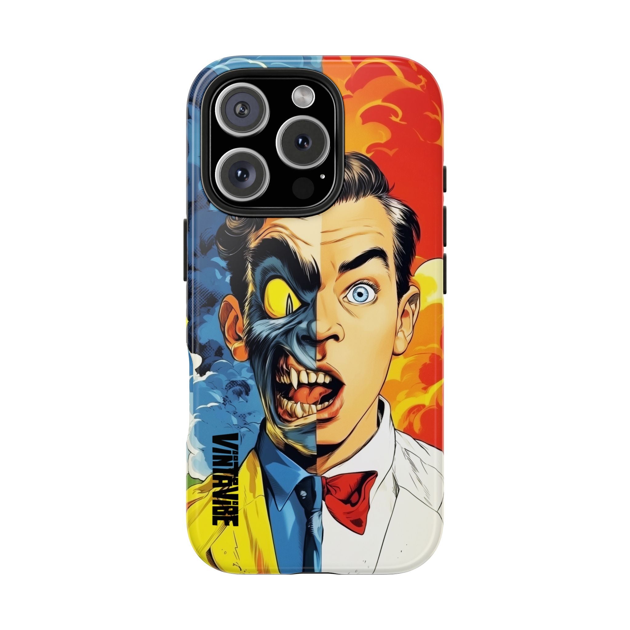 Hyper Vibe Dual Persona iPhone Case with intense split-face artwork, combining expressive design and durable mobile phone protection.
