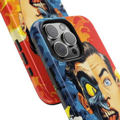 Close-up of Dual Persona iPhone Case - Hyper Vibe showing detailed camera cutout and vibrant split-face design for bold protection.