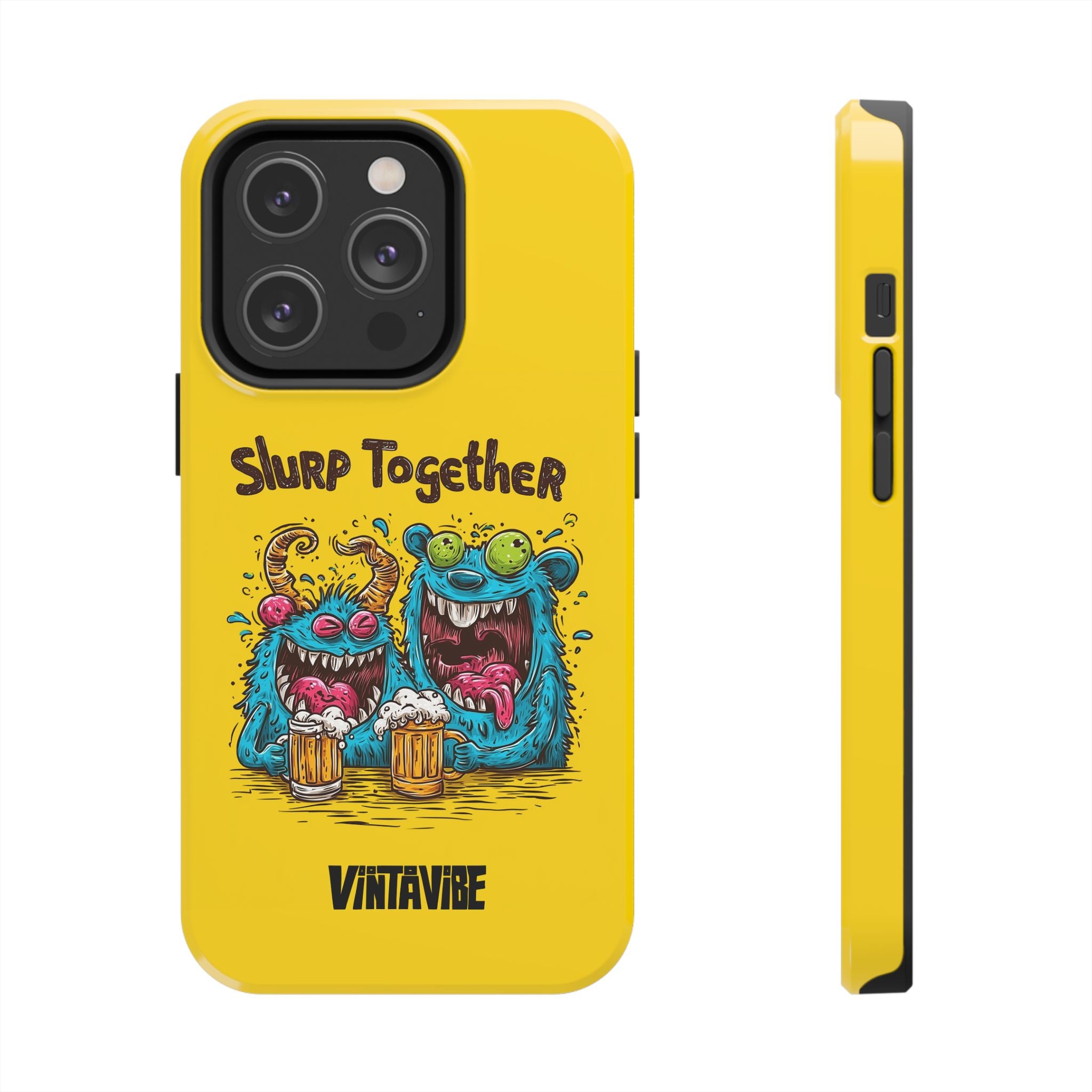 Designer Weird Vibe iPhone® Case for iPhone 13 Pro with quirky monster artwork and vibrant yellow finish.