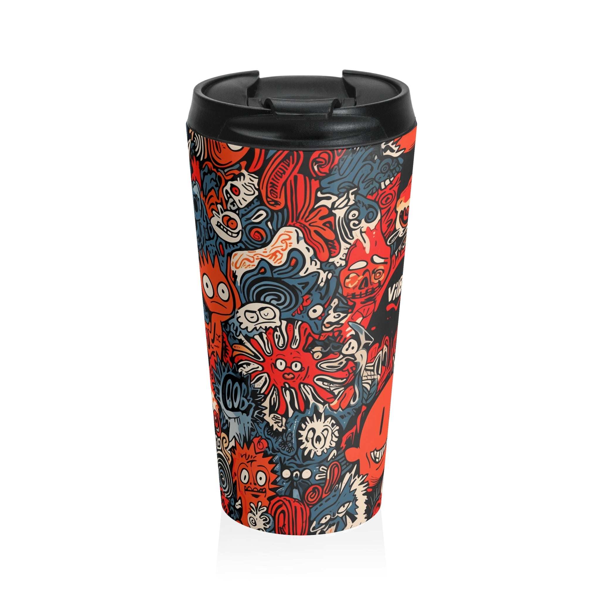 Vibe Swarm Designer Travel Tumbler by VintaVibe features chaotic red, blue, and cream cartoon-style graphics for bold, energetic drinkware appeal.