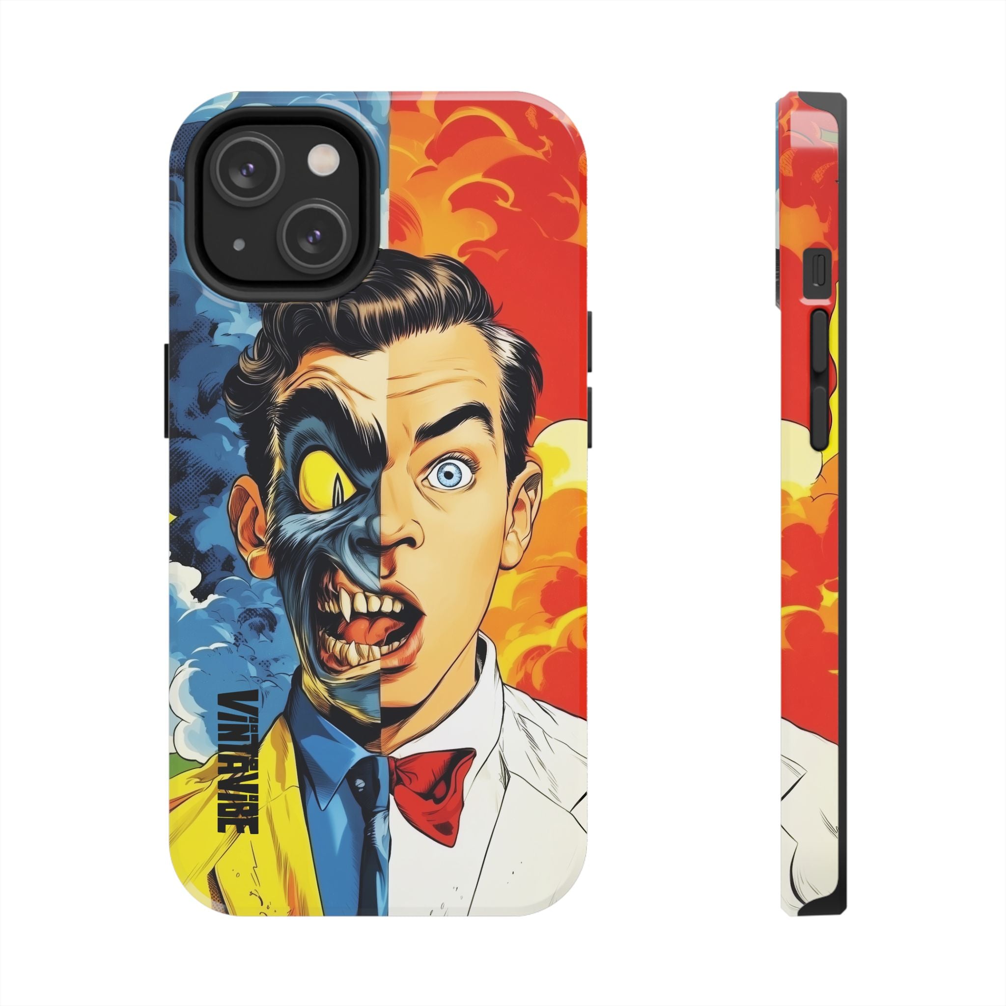 Striking Dual Persona iPhone Case - Hyper Vibe with comic-style split face, designed for bold expression and reliable phone protection.
