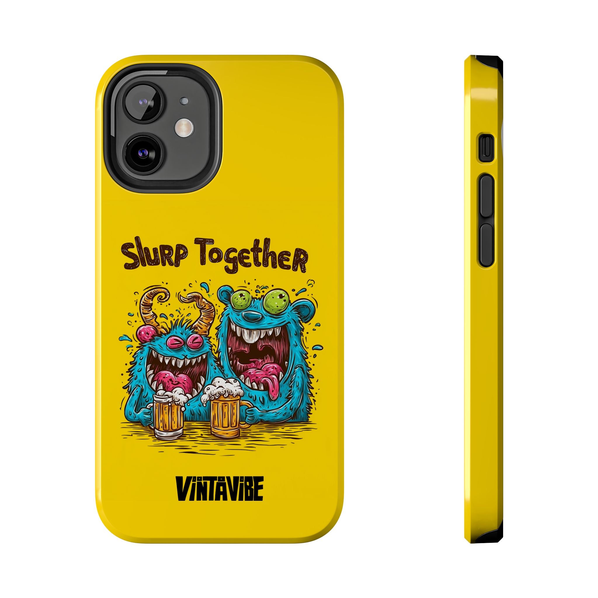 Side and back view of Weird Vibe iPhone® Case for iPhone 12 Mini, featuring bold cartoon monsters and vibrant color.