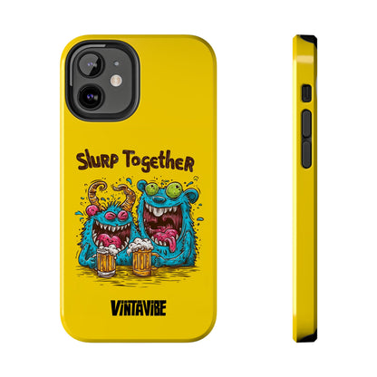 Side and back view of Weird Vibe iPhone® Case for iPhone 12 Mini, featuring bold cartoon monsters and vibrant color.