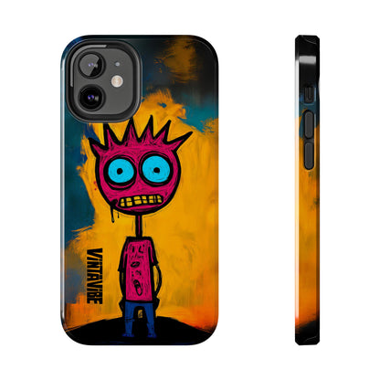 Colorful Weird Vibe iPhone Case - Confused Zap with quirky cartoon character and protective build, shown from multiple angles.