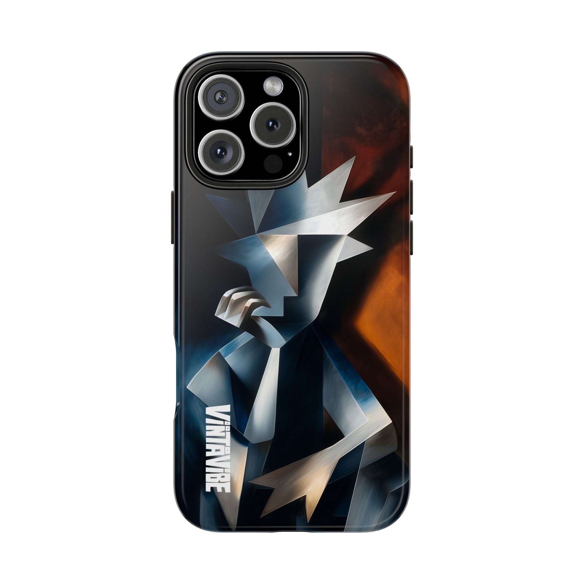 Silent Form iPhone® Case - Designer Cover with abstract minimalist art in blue and orange tones, featuring a geometric figure and Vintarve logo.