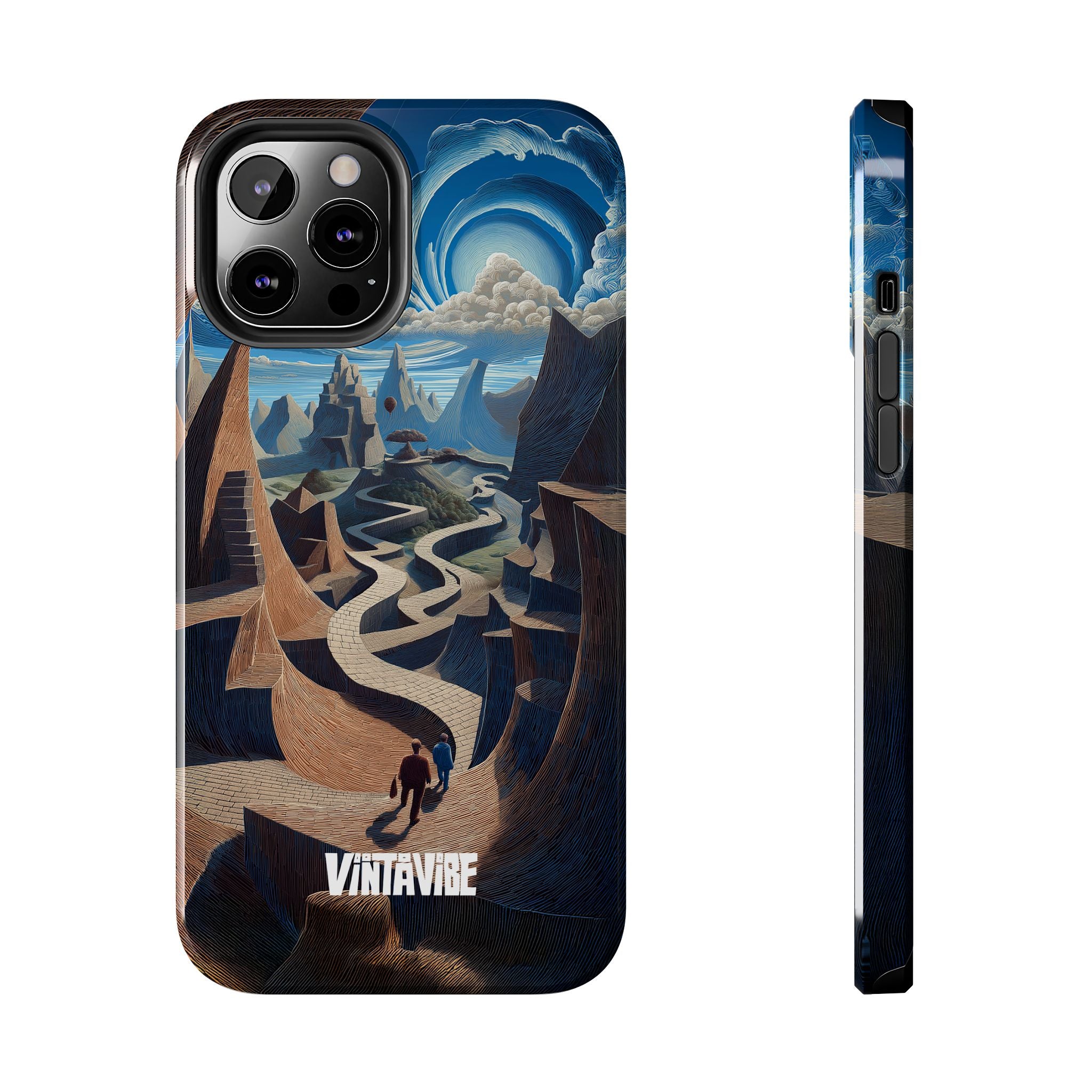 Side and back view of Winding Realities iPhone® Case with surreal winding path design and vibrant colors.