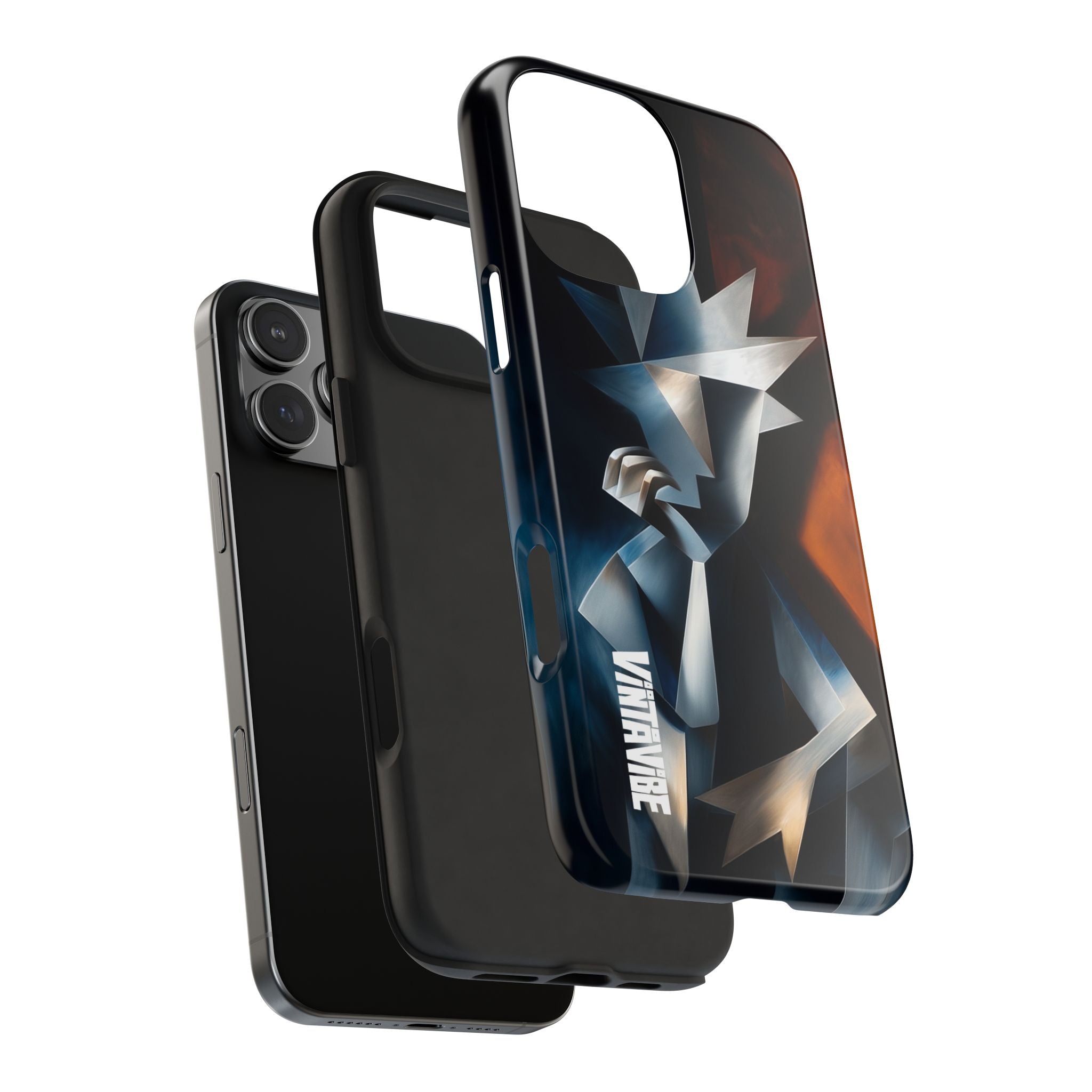Exploded view of Silent Form iPhone® Case showing inner and outer layers with bold geometric artwork and Vintarve branding.