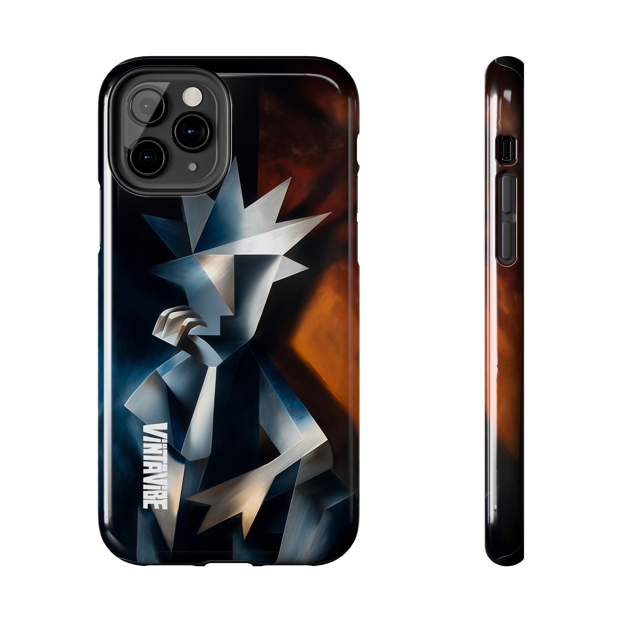 Designer Silent Form iPhone® Case with angular figure artwork and side button cutouts, combining art and functionality.