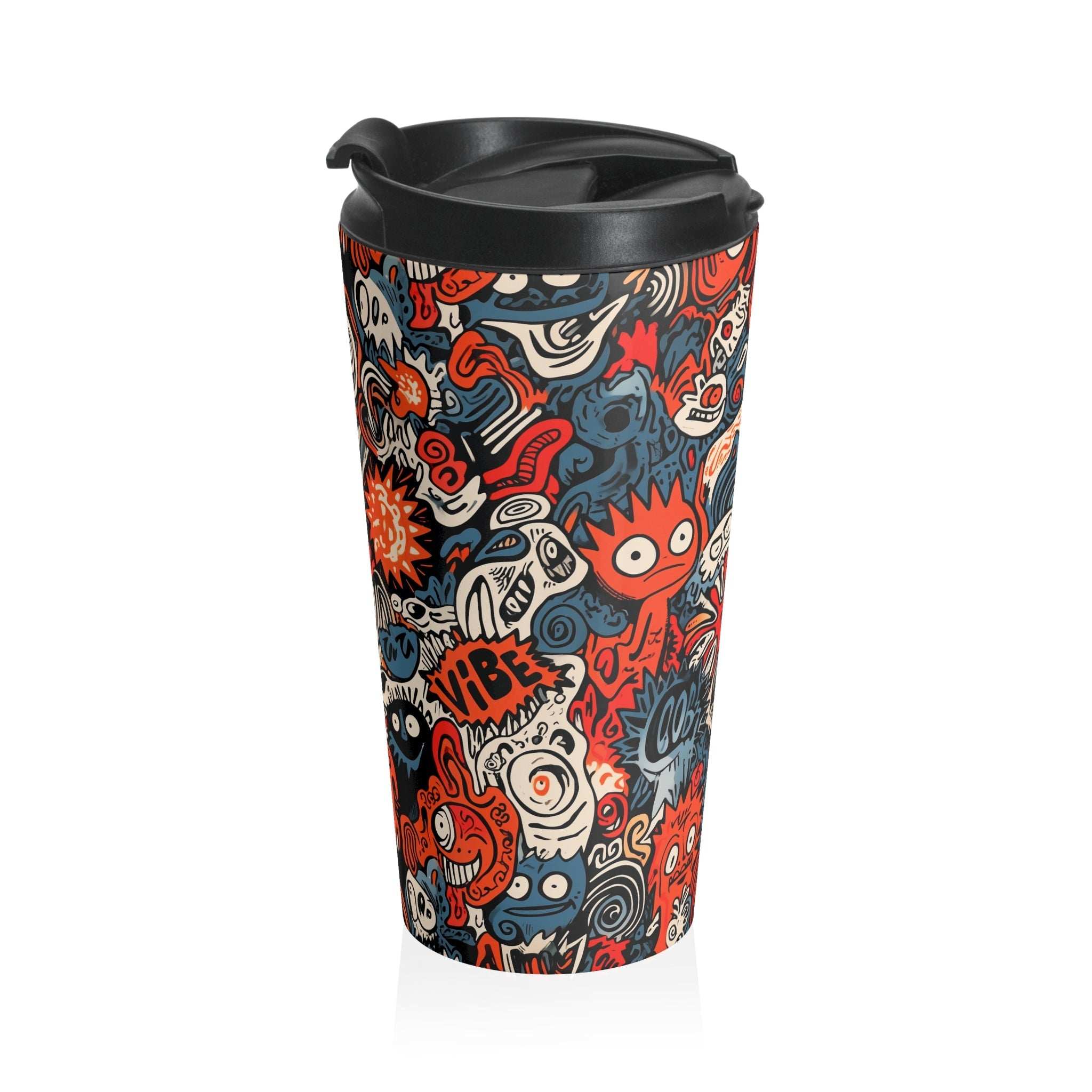 VintaVibe Vibe Swarm tumbler showcases wild, expressive characters in a swirl of red, navy, and cream tones for standout drinkware style.