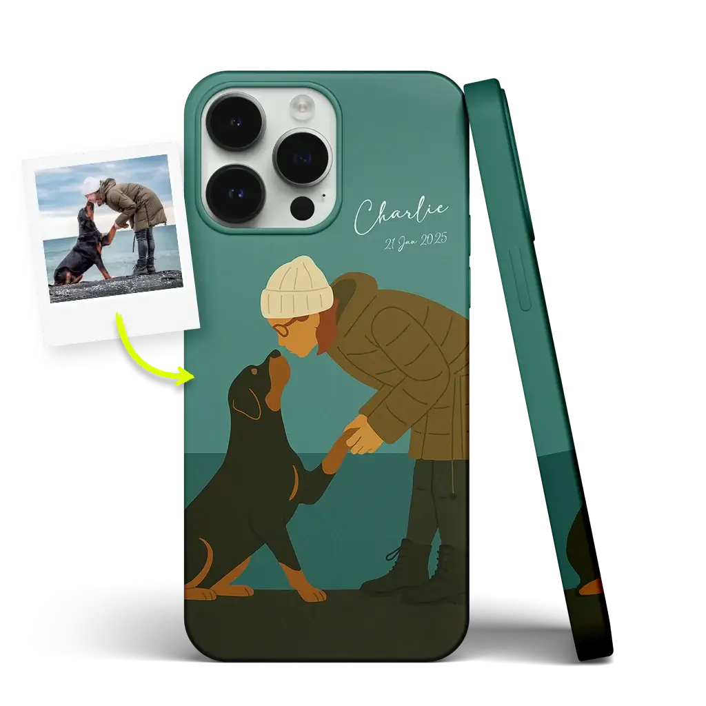 Custom pet iPhone case with mid-century modern scene and retro geometric illustration