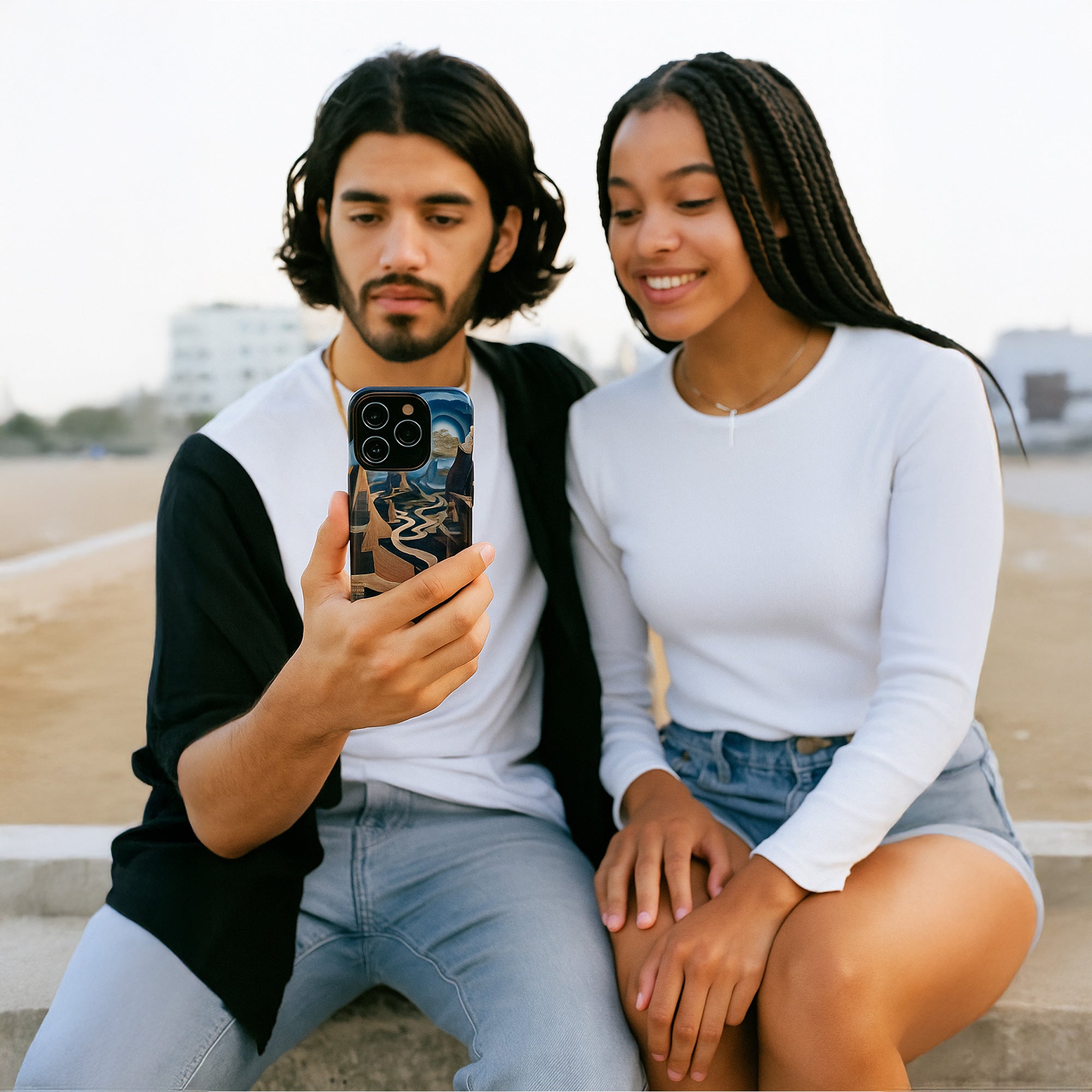 Couple admiring Winding Realities iPhone® Case with unique dream vibe artwork, ideal for showcasing artistic personality in mobile accessories.