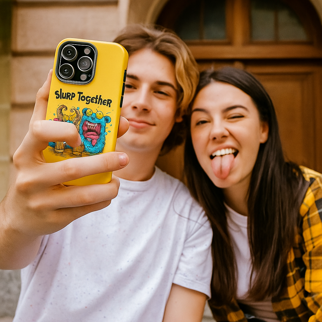 Young couple holding Weird Vibe iPhone® Case with cartoon monster design, showcasing trendy and fun mobile accessory for art lovers.