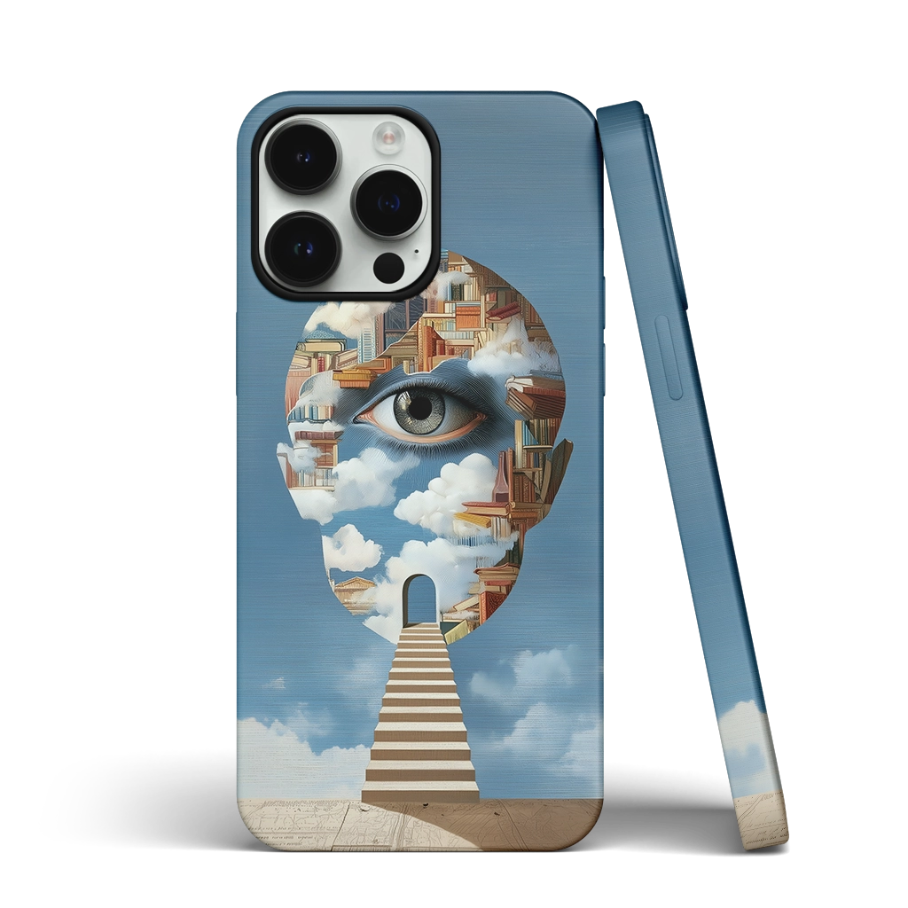 Surrealist iPhone case with a blue sky, floating staircase, and a head silhouette filled with clouds, buildings, and a single eye