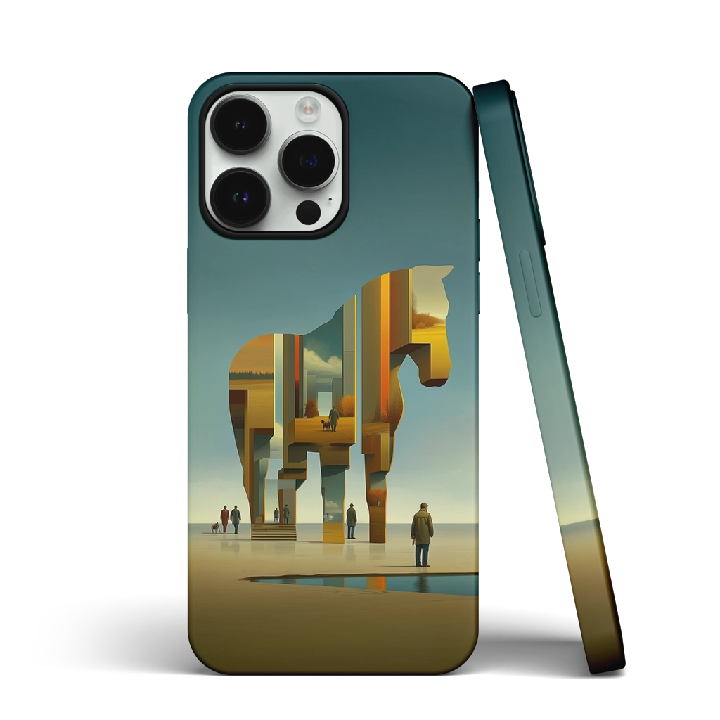 Surrealist iPhone case with a large abstract horse filled with landscapes and small figures in a dreamlike open space