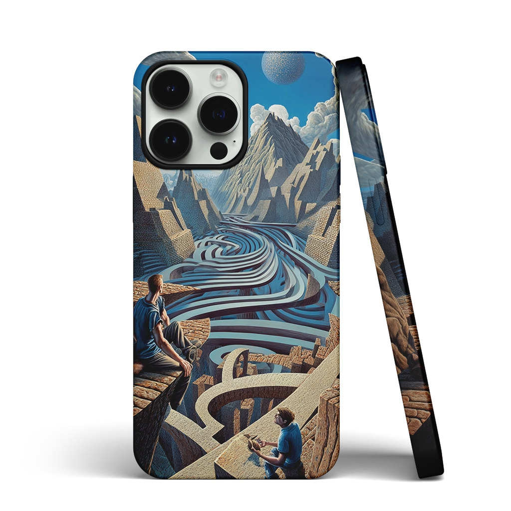 Surrealist iPhone case with twisting maze paths flowing through a mountain range, watched by two seated figures and a floating orb in a dreamlike setting
