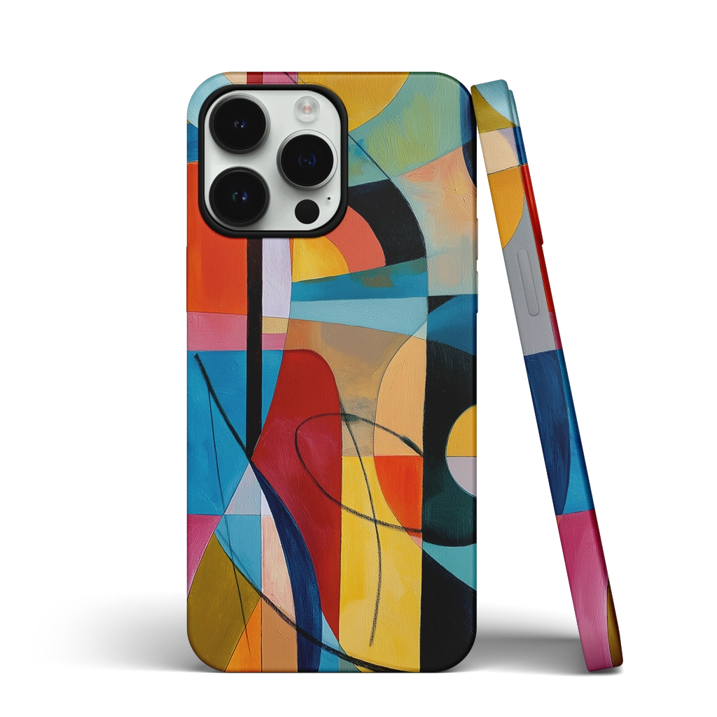 Modernist iPhone case with colorful abstract composition using curved lines and geometric shapes in layered balance