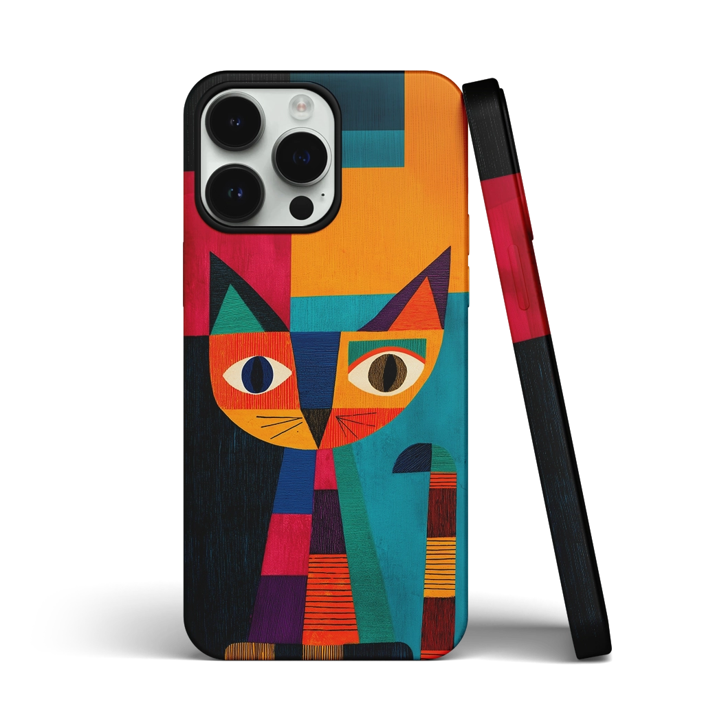 Modernist iPhone case featuring a stylized cat in colorful geometric blocks with abstract symmetry and mid century design influence