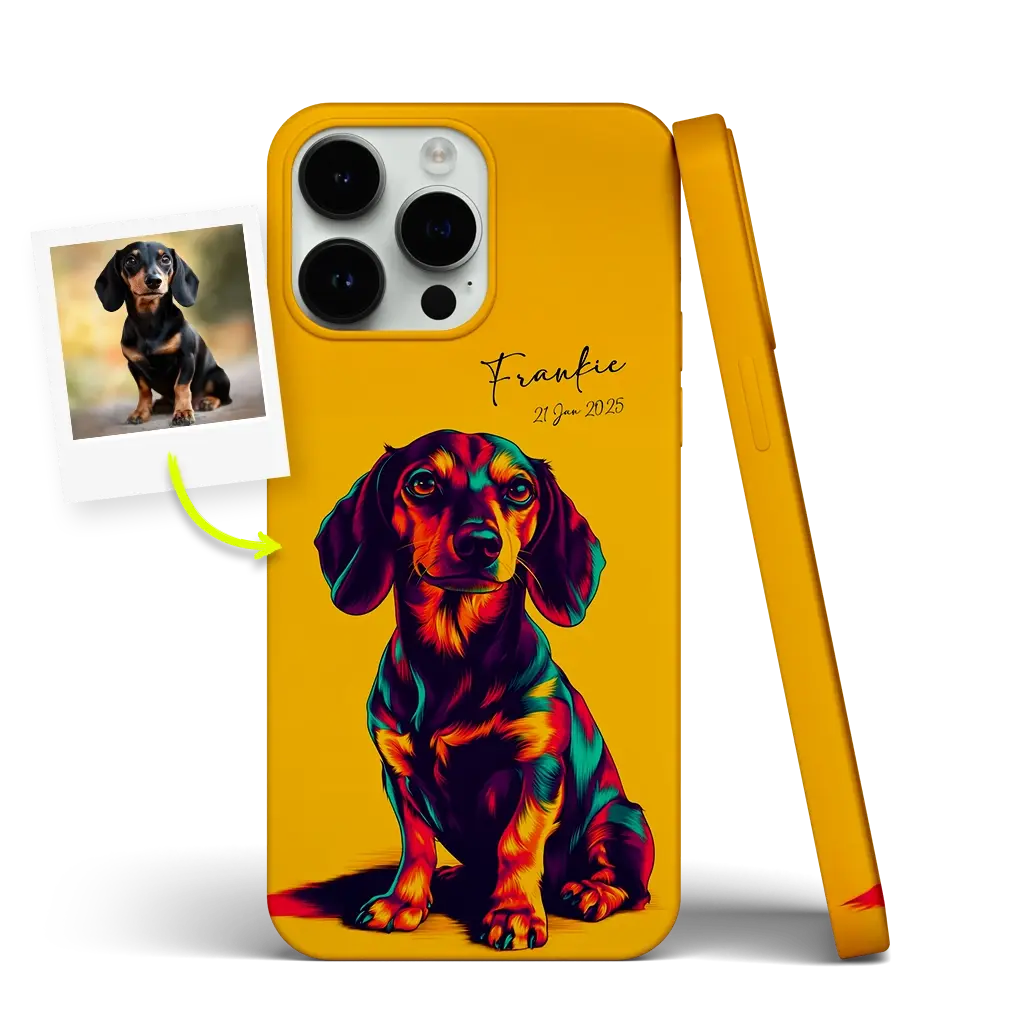Custom pet iPhone case in neon pop art style with bold colors and comic-inspired design