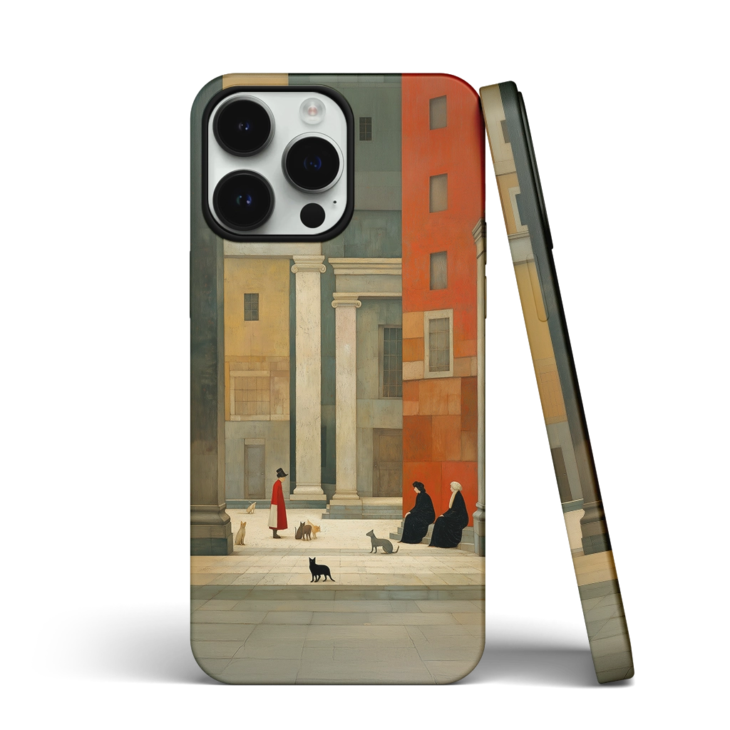 Modernist iPhone case with a painted city scene featuring classical columns, women, and cats in soft geometric composition and muted tones
