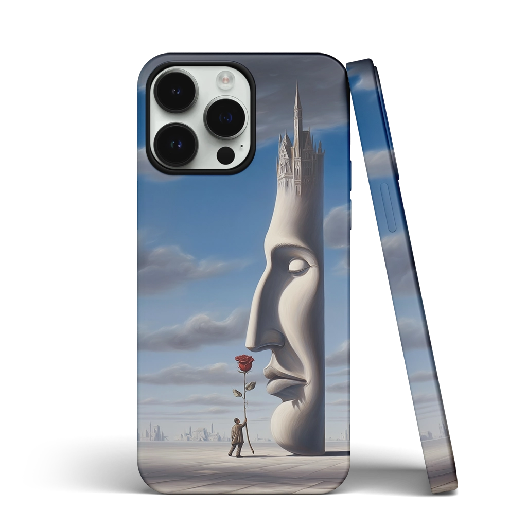 Surrealist iPhone case with a giant stone face crowned by a castle and a man offering a rose in a dreamy desert cityscape